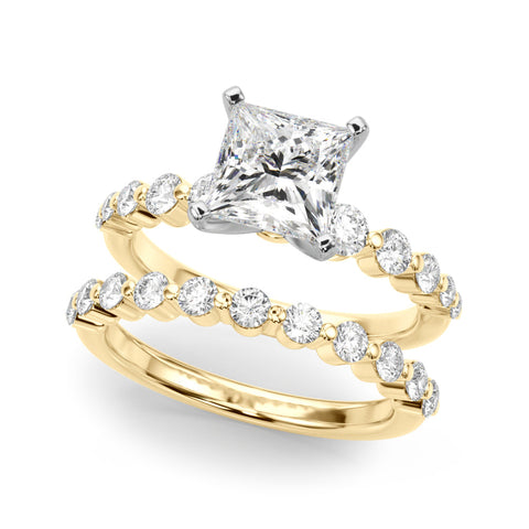 Yellow gold Heart Solitaire Diamond Ring with Pave Band and Four-Prong Setting