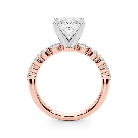 Rose gold Cushion Solitaire Diamond Ring with Pave Band and Four-Prong Setting