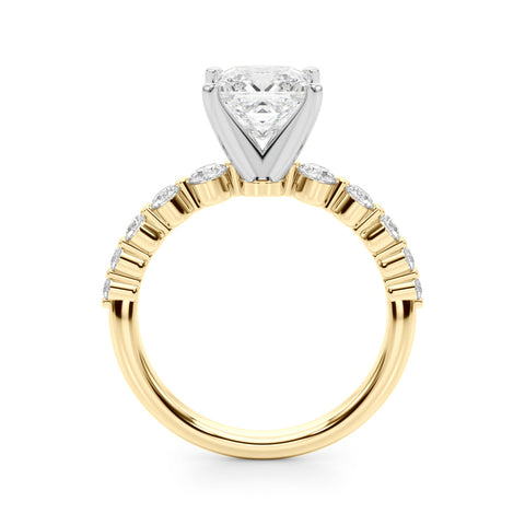 Yellow gold Cushion Solitaire Diamond Ring with Pave Band and Four-Prong Setting