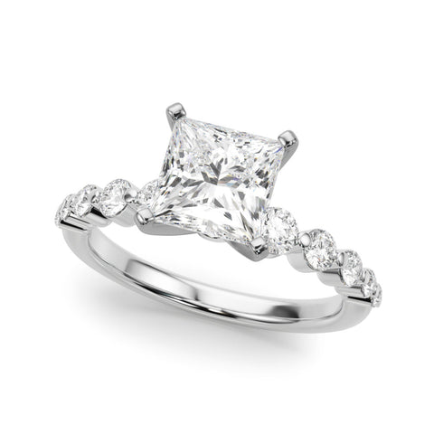 Silver Cushion Solitaire Diamond Ring with Pave Band and Four-Prong Setting
