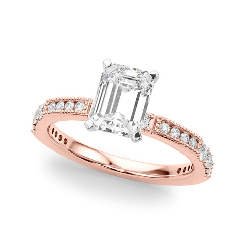 Rose gold Emerald Solitaire with Pavé Band and Four-Prong Setting