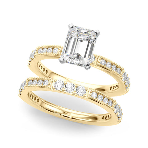 Yellow gold Emerald Solitaire with Pavé Band and Four-Prong Setting