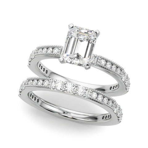 Silver Emerald Solitaire with Pavé Band and Four-Prong Setting