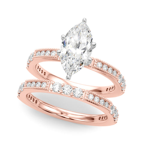 Rose gold Marquise Solitaire with Pavé Band and Four-Prong Setting