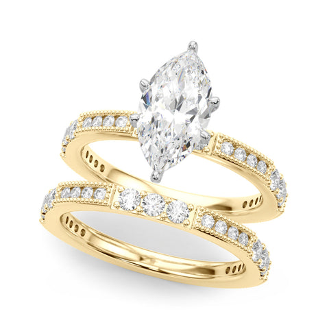 Yellow gold Marquise Solitaire with Pavé Band and Four-Prong Setting