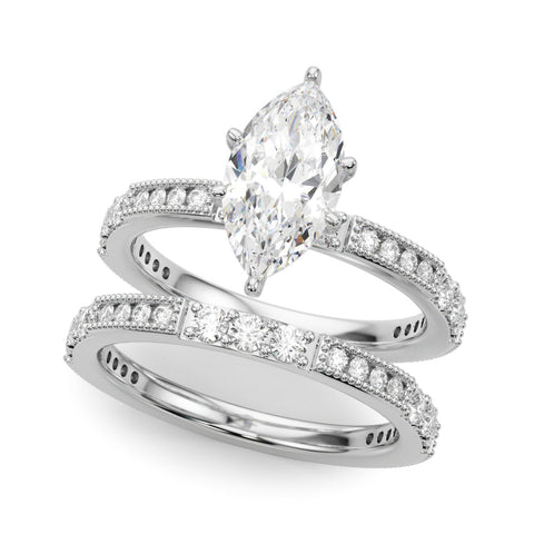Silver Marquise Solitaire with Pavé Band and Four-Prong Setting