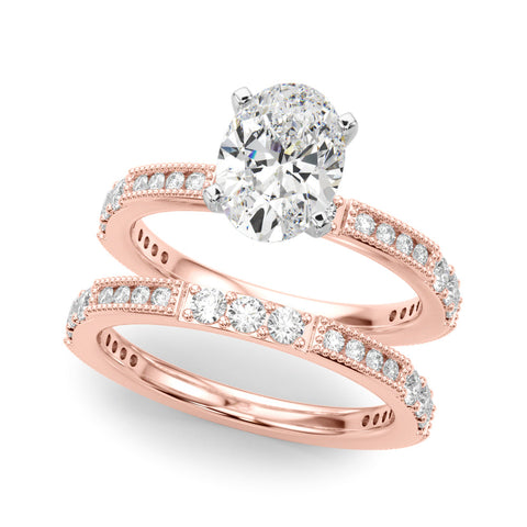Rose gold Oval Solitaire with Pavé Band and Four-Prong Setting