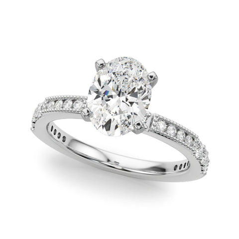 Silver Oval Solitaire with Pavé Band and Four-Prong Setting