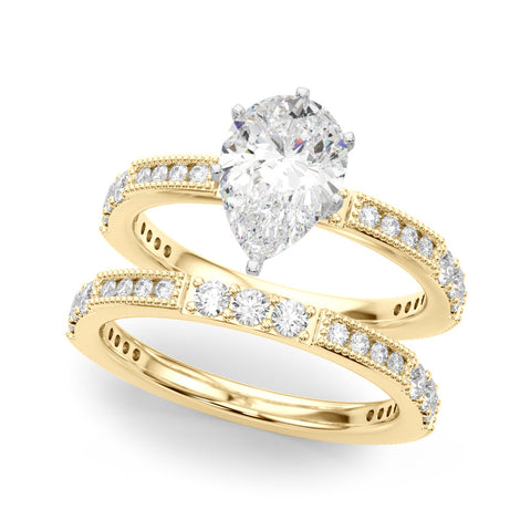 Yellow gold Pear Solitaire with Pavé Band and Four-Prong Setting
