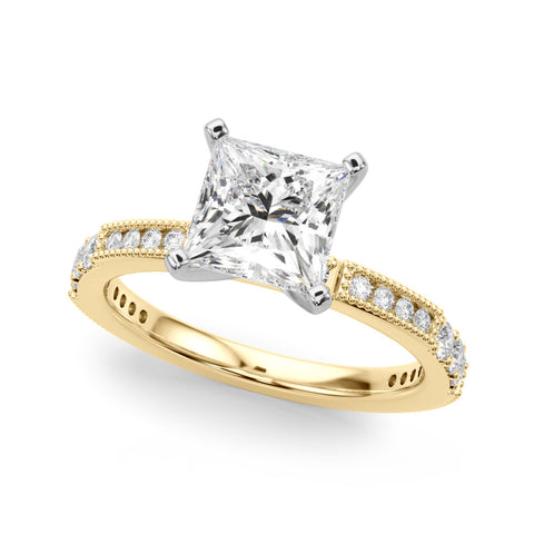 Yellow gold Princess Solitaire with Pavé Band and Four-Prong Setting