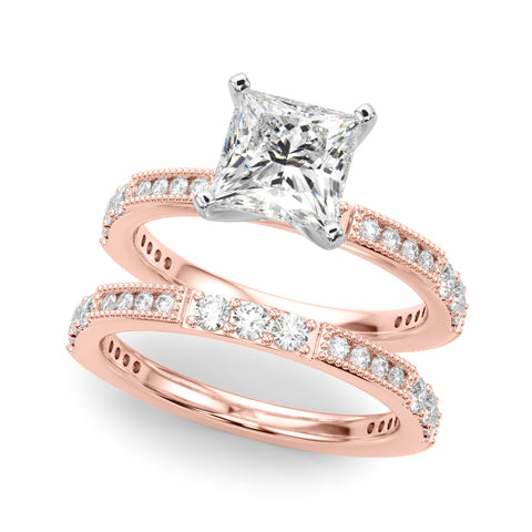 Rose gold Princess Solitaire with Pavé Band and Four-Prong Setting