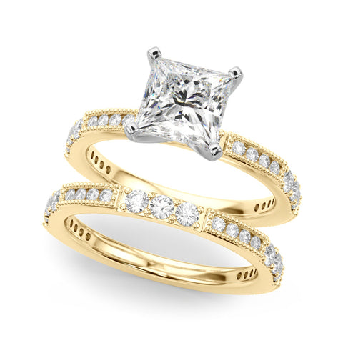 Yellow gold Princess Solitaire with Pavé Band and Four-Prong Setting