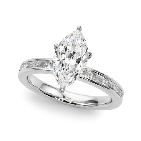 White gold Marquise Solitaire Diamond Ring with Channel-Set Baguette Band and Four-Prong Setting