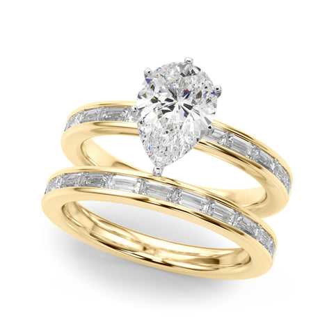 Yellow gold Pear Solitaire Diamond Ring with Channel-Set Baguette Band and Four-Prong Setting