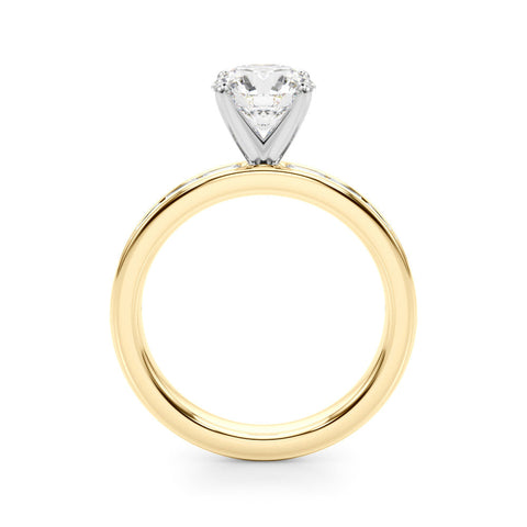 Yellow gold Round Solitaire Diamond Ring with Channel-Set Baguette Band and Four-Prong Setting