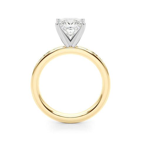 Yellow gold Princess Solitaire Diamond Ring with Channel-Set Baguette Band and Four-Prong Setting