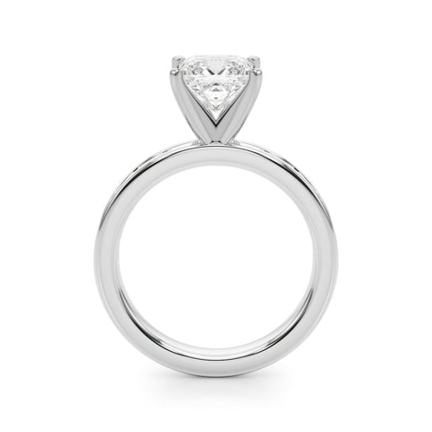 White gold Princess Solitaire Diamond Ring with Channel-Set Baguette Band and Four-Prong Setting