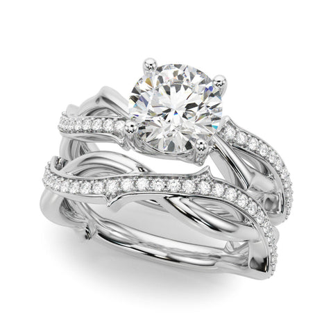Platinum Round Solitaire Twist Band with Pavé Accents and Four-Prong Setting