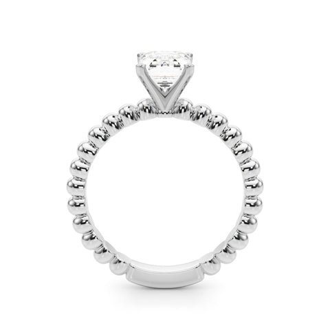 Platinum Emerald Solitaire Beaded Band Prong Setting Ring