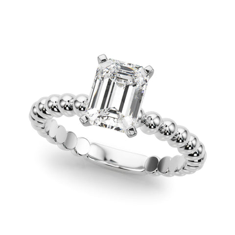 Platinum Emerald Solitaire Beaded Band Prong Setting Ring