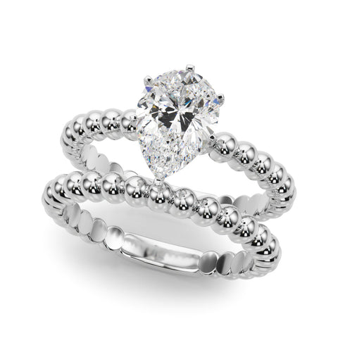 Silver Pear Solitaire Beaded Band Prong Setting Ring