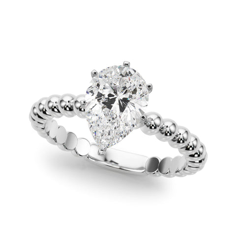 Silver Pear Solitaire Beaded Band Prong Setting Ring