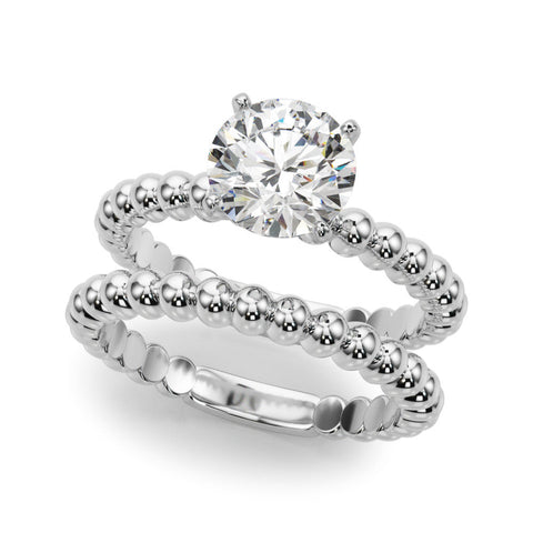 Platinum Round Solitaire Beaded Band Prong Setting Ring