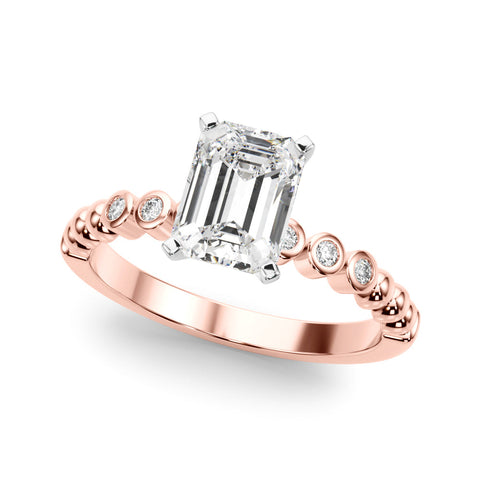 Rose gold Radiant Solitaire Bezel Accent Diamond Engagement Ring with Beaded Band and Four-Prong Setting