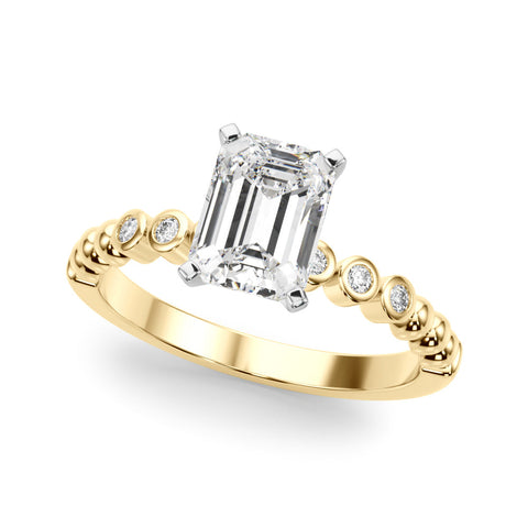 Yellow gold Radiant Solitaire Bezel Accent Diamond Engagement Ring with Beaded Band and Four-Prong Setting