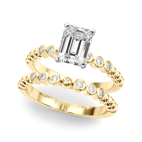 Yellow gold Radiant Solitaire Bezel Accent Diamond Engagement Ring with Beaded Band and Four-Prong Setting