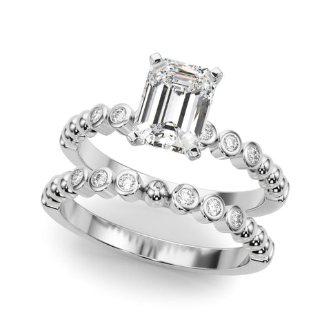 White gold Emerald Solitaire Bezel Accent Diamond Engagement Ring with Beaded Band and Four-Prong Setting