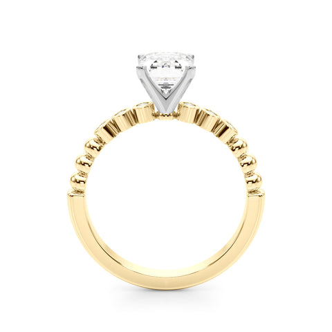 Yellow gold Radiant Solitaire Bezel Accent Diamond Engagement Ring with Beaded Band and Four-Prong Setting