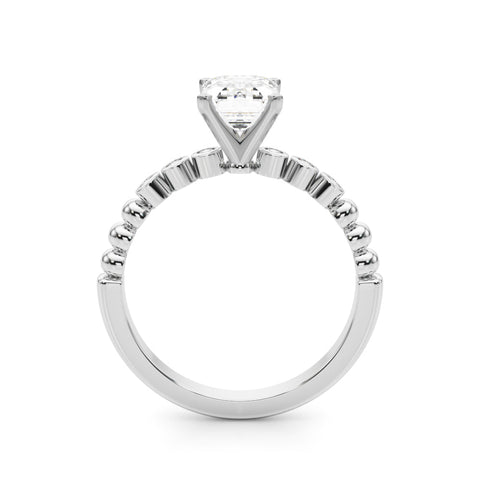 White gold Emerald Solitaire Bezel Accent Diamond Engagement Ring with Beaded Band and Four-Prong Setting