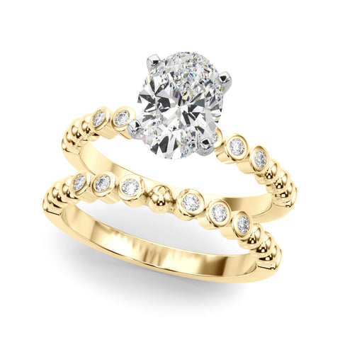 Yellow gold Oval Solitaire Bezel Accent Diamond Engagement Ring with Beaded Band and Four-Prong Setting