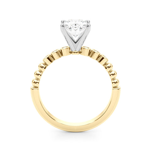 Yellow gold Oval Solitaire Bezel Accent Diamond Engagement Ring with Beaded Band and Four-Prong Setting