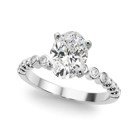 Platinum Oval Solitaire Bezel Accent Diamond Engagement Ring with Beaded Band and Four-Prong Setting