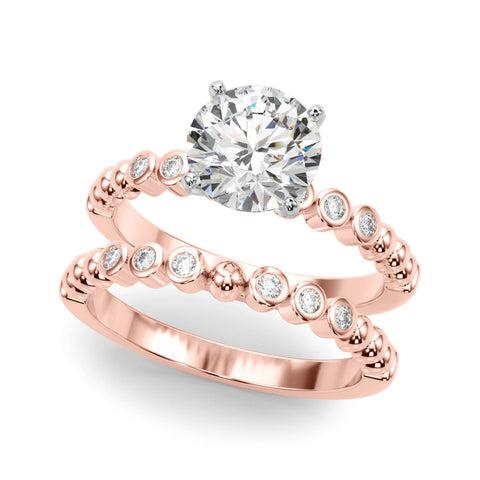 Rose gold Cushion Solitaire Bezel Accent Diamond Engagement Ring with Beaded Band and Four-Prong Setting