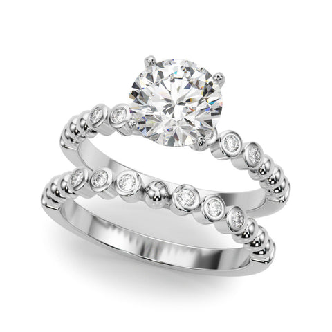 Platinum Marquise Solitaire Bezel Accent Diamond Engagement Ring with Beaded Band and Four-Prong Setting