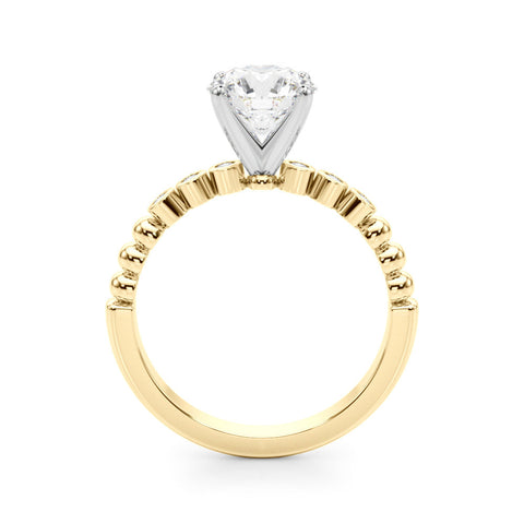 Yellow gold Round Solitaire Bezel Accent Diamond Engagement Ring with Beaded Band and Four-Prong Setting