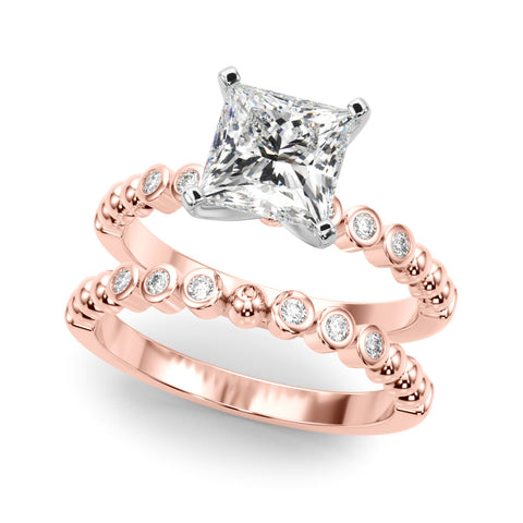 Rose gold Princess Solitaire Bezel Accent Diamond Engagement Ring with Beaded Band and Four-Prong Setting