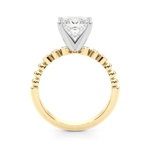 Yellow gold Princess Solitaire Bezel Accent Diamond Engagement Ring with Beaded Band and Four-Prong Setting