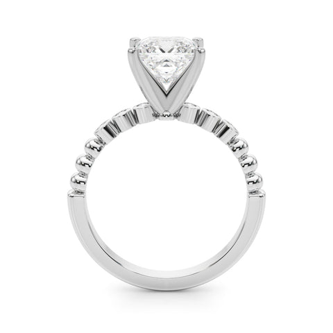 White gold Princess Solitaire Bezel Accent Diamond Engagement Ring with Beaded Band and Four-Prong Setting