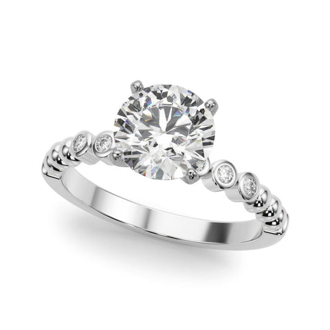 White gold Cushion Solitaire Bezel Accent Diamond Engagement Ring with Beaded Band and Four-Prong Setting