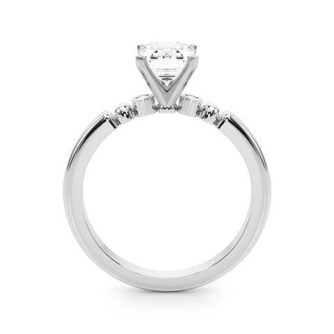 White gold Emerald Solitaire Beaded Band with Four-Prong Setting