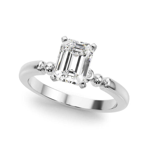 White gold Emerald Solitaire Beaded Band with Four-Prong Setting
