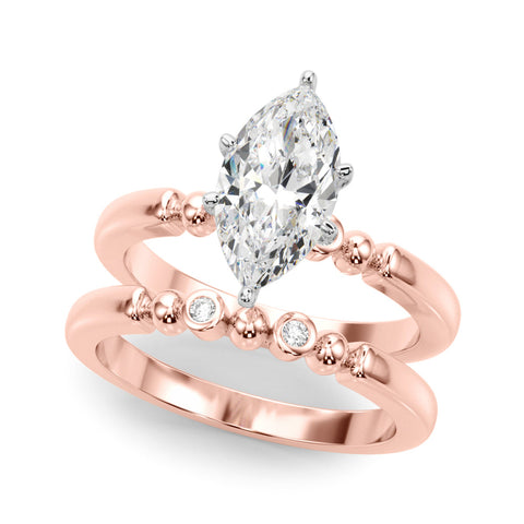 Rose gold Marquise Solitaire Beaded Band with Four-Prong Setting
