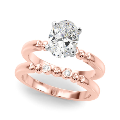Rose gold Oval Solitaire Beaded Band with Four-Prong Setting