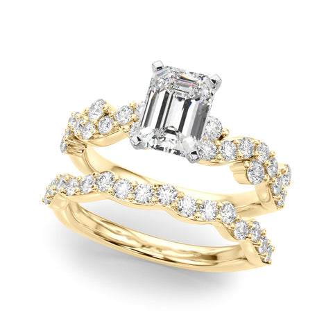 Yellow gold Radiant Cut Solitaire Diamond Twisted Band with Pave Setting