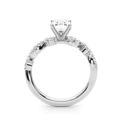 Silver Emerald Cut Solitaire Diamond Twisted Band with Pave Setting