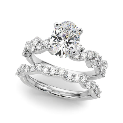 Silver Oval Cut Solitaire Diamond Twisted Band with Pave Setting